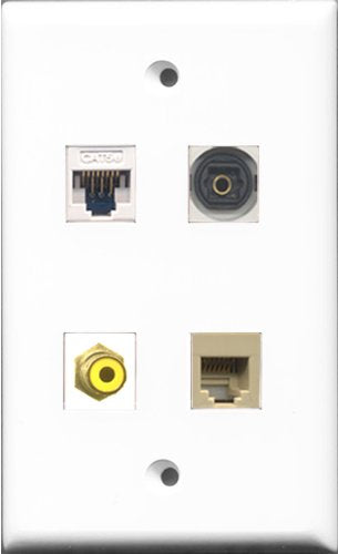 RiteAV 1 Port RCA Yellow and 1 Port Phone RJ11 RJ12 Beige and 1 Port Toslink and 1 Port Cat5e Ethernet White Wall Plate