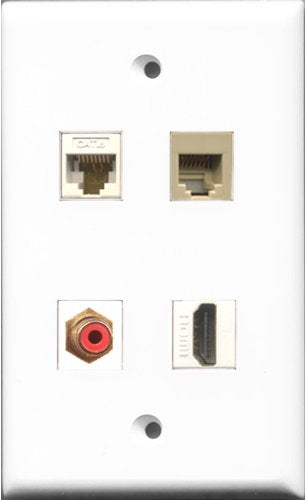 RiteAV 1 Port HDMI and 1 Port RCA Red and 1 Port Phone RJ11 RJ12 Beige and 1 Port Cat6 Ethernet White Wall Plate