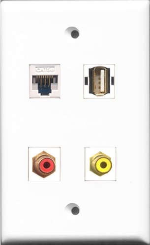 RiteAV 1 Port RCA Red and 1 Port RCA Yellow and 1 Port USB A-A and 1 Port Cat5e Ethernet White Wall Plate