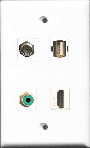 RiteAV 1 Port HDMI and 1 Port RCA Green and 1 Port Coax Cable TV- F-Type and 1 Port USB A-A Wall Plate