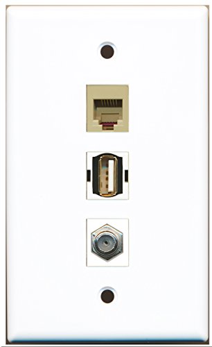 RiteAV - 1 Port Coax Cable TV- F-Type and 1 Port USB A-A and 1 Port Phone RJ11 RJ12 Beige Wall Plate