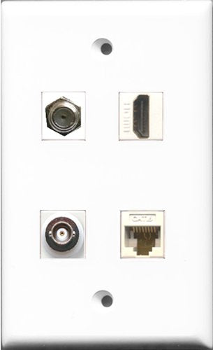 RiteAV 1 Port HDMI and 1 Port Coax Cable TV- F-Type and 1 Port BNC and 1 Port Cat6 Ethernet White Wall Plate