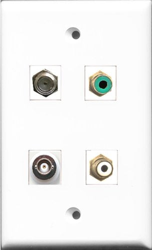 RiteAV 1 Port RCA White and 1 Port RCA Green and 1 Port Coax Cable TV- F-Type and 1 Port BNC Wall Plate