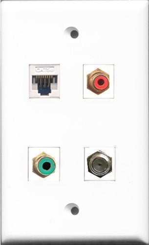 RiteAV 1 Port RCA Red and 1 Port RCA Green and 1 Port Coax Cable TV- F-Type and 1 Port Cat5e Ethernet White Wall Plate