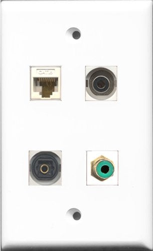 RiteAV 1 Port RCA Green and 1 Port Toslink and 1 Port 3.5mm and 1 Port Cat6 Ethernet White Wall Plate