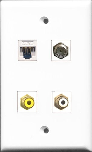 RiteAV - 1 Port RCA White and 1 Port RCA Yellow and 1 Port Coax Cable TV- F-Type and 1 Port Cat5e Ethernet White Wall Plate