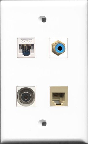 RiteAV 1 Port RCA Blue and 1 Port Phone RJ11 RJ12 Beige and 1 Port 3.5mm and 1 Port Cat5e Ethernet White Wall Plate