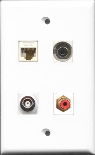 RiteAV 1 Port RCA Red and 1 Port 3.5mm and 1 Port BNC and 1 Port Cat6 Ethernet White Wall Plate