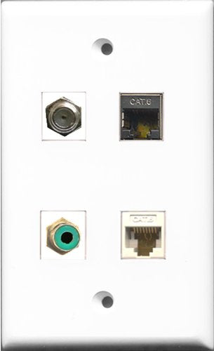 RiteAV 1 Port RCA Green and 1 Port Coax Cable TV- F-Type and 1 Port Shielded Cat6 Ethernet and 1 Port Cat6 Ethernet White Wall Plate