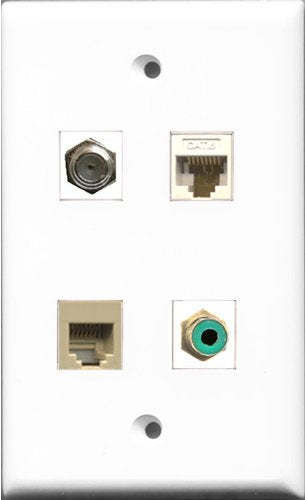 RiteAV 1 Port RCA Green and 1 Port Coax Cable TV- F-Type and 1 Port Phone RJ11 RJ12 Beige and 1 Port Cat6 Ethernet White Wall Plate