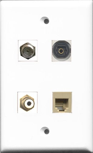 RiteAV 1 Port RCA White and 1 Port Coax Cable TV- F-Type and 1 Port Phone RJ11 RJ12 Beige and 1 Port Toslink Wall Plate