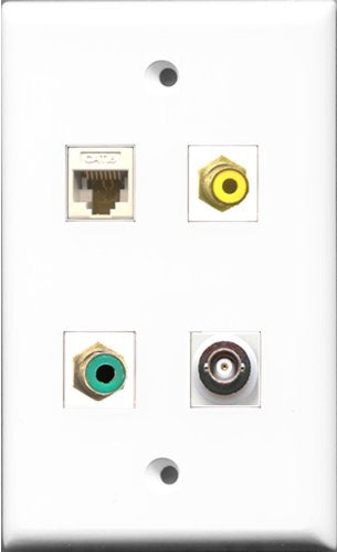 RiteAV 1 Port RCA Yellow and 1 Port RCA Green and 1 Port BNC and 1 Port Cat6 Ethernet White Wall Plate