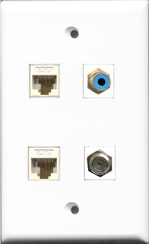 RiteAV 1 Port RCA Blue and 1 Port Coax Cable TV- F-Type 2 Port Cat6 Ethernet White Wall Plate