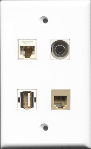 RiteAV 1 Port USB A-A and 1 Port Phone RJ11 RJ12 Beige and 1 Port 3.5mm and 1 Port Cat6 Ethernet White Wall Plate