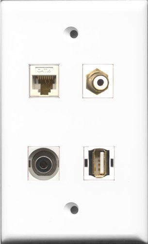 RiteAV 1 Port RCA White and 1 Port USB A-A and 1 Port 3.5mm and 1 Port Cat6 Ethernet White Wall Plate