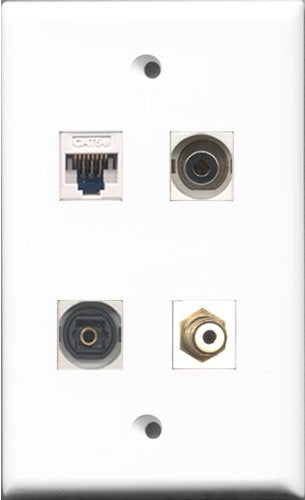RiteAV - 1 Port RCA White and 1 Port Toslink and 1 Port 3.5mm and 1 Port Cat5e Ethernet White Wall Plate