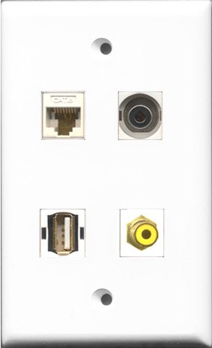 RiteAV 1 Port RCA Yellow and 1 Port USB A-A and 1 Port 3.5mm and 1 Port Cat6 Ethernet White Wall Plate