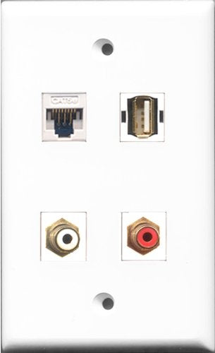 RiteAV 1 Port RCA Red and 1 Port RCA White and 1 Port USB A-A and 1 Port Cat5e Ethernet White Wall Plate