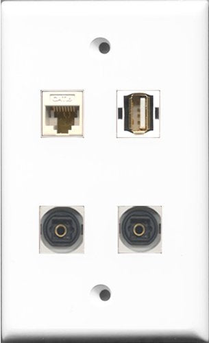 RiteAV 1 Port USB A-A 2 Port Toslink and 1 Port Cat6 Ethernet White Wall Plate