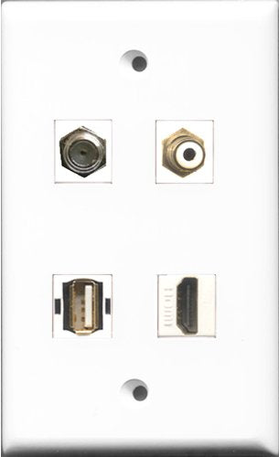 RiteAV 1 Port HDMI and 1 Port RCA White and 1 Port Coax Cable TV- F-Type and 1 Port USB A-A Wall Plate