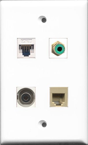 RiteAV 1 Port RCA Green and 1 Port Phone RJ11 RJ12 Beige and 1 Port 3.5mm and 1 Port Cat5e Ethernet White Wall Plate