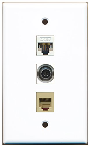 RiteAV - 1 Port Phone RJ11 RJ12 Beige and 1 Port 3.5mm and 1 Port Cat5e Ethernet White Wall Plate