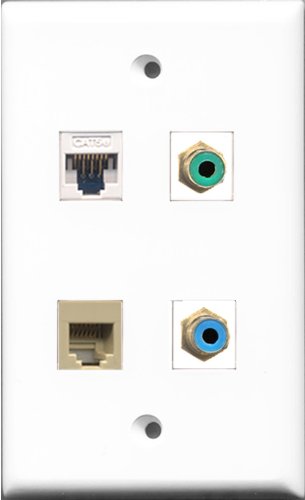 RiteAV 1 Port RCA Green and 1 Port RCA Blue and 1 Port Phone RJ11 RJ12 Beige and 1 Port Cat5e Ethernet White Wall Plate