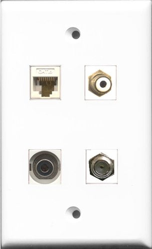 RiteAV 1 Port RCA White and 1 Port Coax Cable TV- F-Type and 1 Port 3.5mm and 1 Port Cat6 Ethernet White Wall Plate