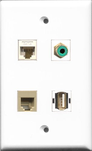 RiteAV 1 Port RCA Green and 1 Port USB A-A and 1 Port Phone RJ11 RJ12 Beige and 1 Port Cat6 Ethernet White Wall Plate