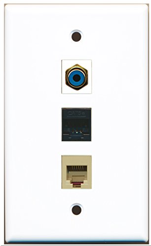 RiteAV - 1 Port RCA Blue and 1 Port Phone RJ11 RJ12 Beige and 1 Port Cat5e Ethernet Black Wall Plate