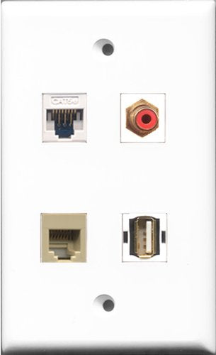 RiteAV 1 Port RCA Red and 1 Port USB A-A and 1 Port Phone RJ11 RJ12 Beige and 1 Port Cat5e Ethernet White Wall Plate