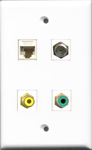 RiteAV 1 Port RCA Yellow and 1 Port RCA Green and 1 Port Coax Cable TV- F-Type and 1 Port Cat6 Ethernet White Wall Plate