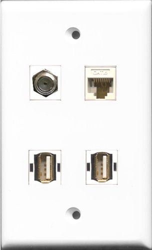 RiteAV 1 Port Coax Cable TV- F-Type 2 Port USB A-A and 1 Port Cat6 Ethernet White Wall Plate