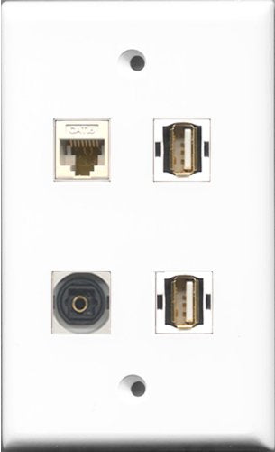 RiteAV - 2 Port USB A-A and 1 Port Toslink and 1 Port Cat6 Ethernet White Wall Plate