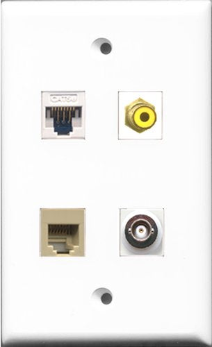 RiteAV 1 Port RCA Yellow and 1 Port Phone RJ11 RJ12 Beige and 1 Port BNC and 1 Port Cat5e Ethernet White Wall Plate