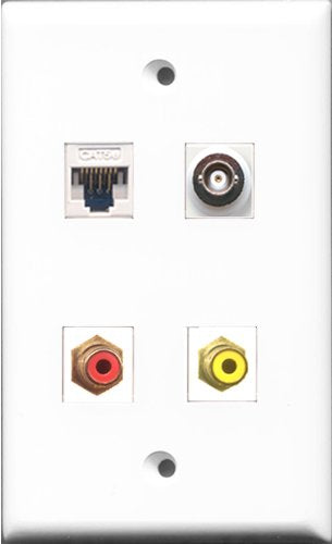 RiteAV - 1 Port RCA Red and 1 Port RCA Yellow and 1 Port BNC and 1 Port Cat5e Ethernet White Wall Plate
