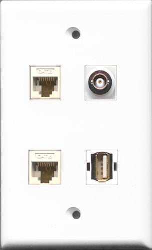 RiteAV 1 Port USB A-A and 1 Port BNC 2 Port Cat6 Ethernet White Wall Plate