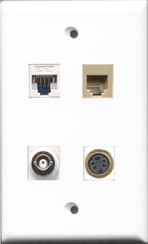RiteAV 1 Port Phone RJ11 RJ12 Beige and 1 Port S-Video and 1 Port BNC and 1 Port Cat5e Ethernet White Wall Plate