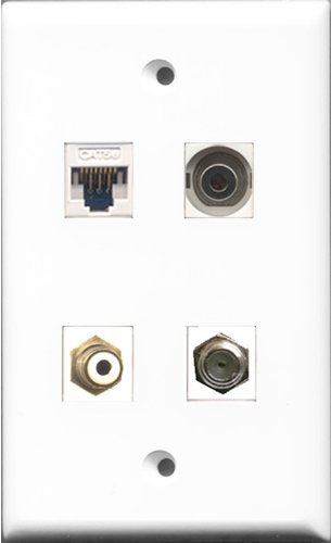 RiteAV - 1 Port RCA White and 1 Port Coax Cable TV- F-Type and 1 Port 3.5mm and 1 Port Cat5e Ethernet White Wall Plate