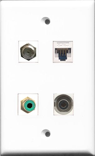 RiteAV 1 Port RCA Green and 1 Port Coax Cable TV- F-Type and 1 Port 3.5mm and 1 Port Cat5e Ethernet White Wall Plate