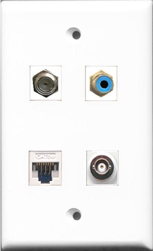 RiteAV 1 Port RCA Blue and 1 Port Coax Cable TV- F-Type and 1 Port BNC and 1 Port Cat5e Ethernet White Wall Plate