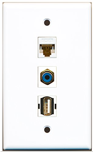 RiteAV - 1 Port RCA Blue and 1 Port USB A-A and 1 Port Cat6 Ethernet White Wall Plate