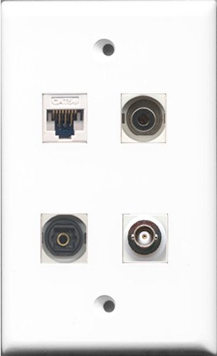 RiteAV - 1 Port Toslink and 1 Port 3.5mm and 1 Port BNC and 1 Port Cat5e Ethernet White Wall Plate