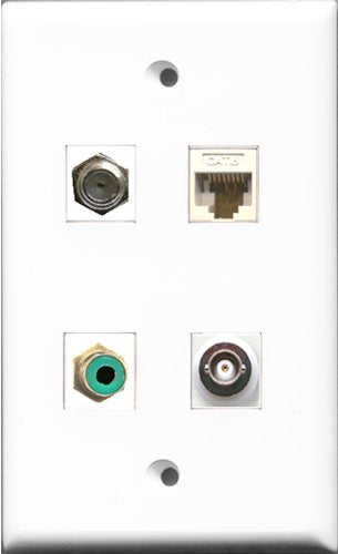RiteAV 1 Port RCA Green and 1 Port Coax Cable TV- F-Type and 1 Port BNC and 1 Port Cat6 Ethernet White Wall Plate