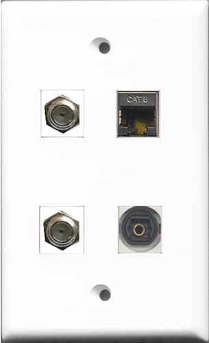 RiteAV - 2 Port Coax Cable TV- F-Type and 1 Port Shielded Cat6 Ethernet and 1 Port Toslink Wall Plate