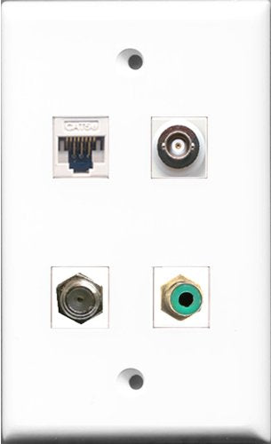 RiteAV - 1 Port RCA Green and 1 Port Coax Cable TV- F-Type and 1 Port BNC and 1 Port Cat5e Ethernet White Wall Plate