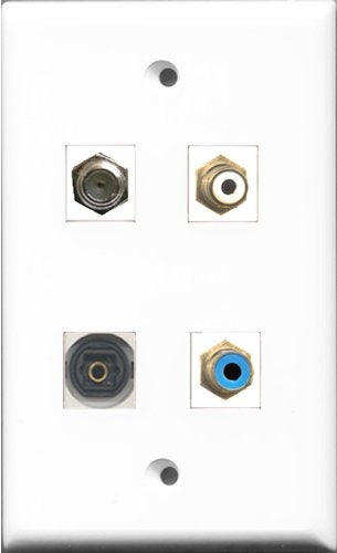 RiteAV 1 Port RCA White and 1 Port RCA Blue and 1 Port Coax Cable TV- F-Type and 1 Port Toslink Wall Plate