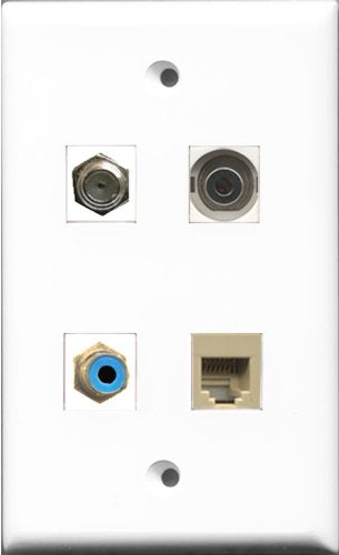 RiteAV 1 Port RCA Blue and 1 Port Coax Cable TV- F-Type and 1 Port Phone RJ11 RJ12 Beige and 1 Port 3.5mm Wall Plate