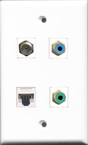 RiteAV 1 Port RCA Green and 1 Port RCA Blue and 1 Port Coax Cable TV- F-Type and 1 Port Cat5e Ethernet White Wall Plate