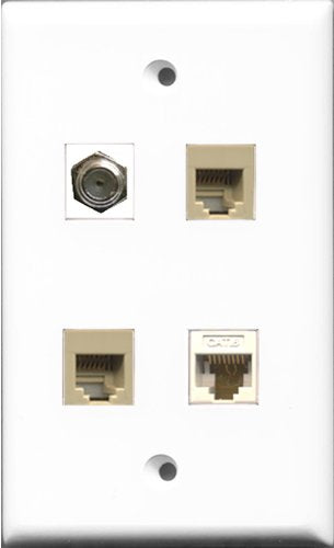 RiteAV 1 Port Coax Cable TV- F-Type 2 Port Phone RJ11 RJ12 Beige and 1 Port Cat6 Ethernet White Wall Plate